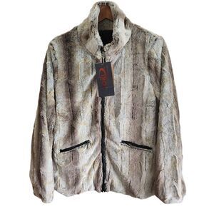 Yoki Jacket Faux Fur Womens Large Soft Ivory Tan Gray Mix Fuzzy Vegan Chinchilla